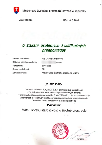 Certifikát - štátna správa starostlivosti o ŽP