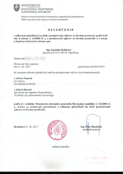 Osvedčenie o OSO EIA