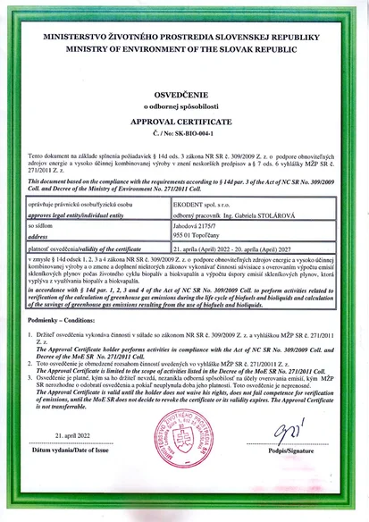Osvedčenie OSO Biopalivá